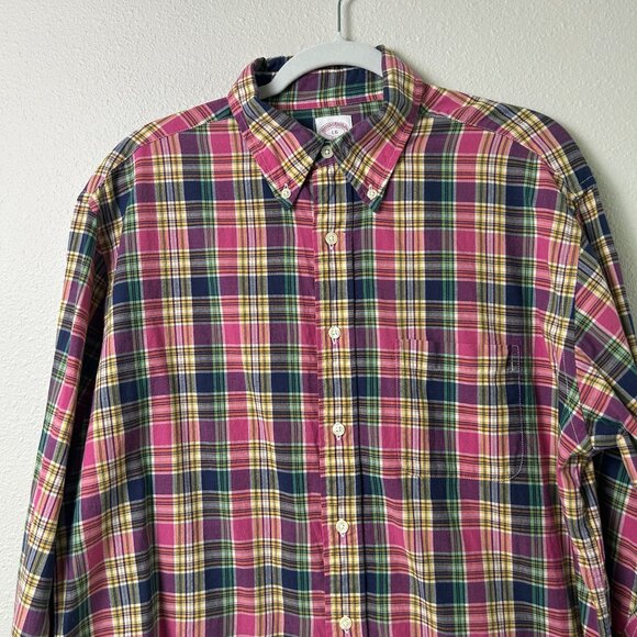 Brooks Brothers 346 Button Down Shirt Mens Size L Pink Blue Plaid Long Sleeve - Picture 2 of 10